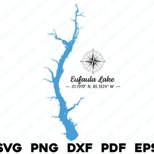 Lago Eufaula Walter F George Reservoir GA/ AL Mapa Forma Silueta svg png dxf pdf eps vector diseño gráfico corte grabado imagen láser barco