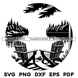 Circle Lake Scene Adirondack Chairs Design svg png dxf eps pdf | vector graphic cut file laser clip art | digital download commercial use
