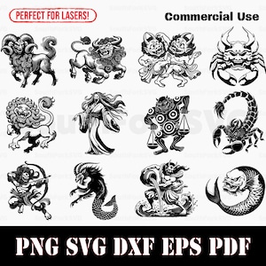 Paquete completo de símbolos del signo del zodíaco de monstruos japoneses svg png dxf pdf eps / diseño gráfico vectorial corte impresión sublimación láser archivo uso comercial