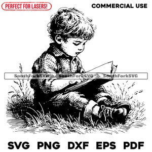 Laser-Gravur-Datei Kleiner Junge, der draußen liest | svg png dxf eps pdf | transparente Vektorgrafik Design Cut Print Dye subcommerzielle Nutzung