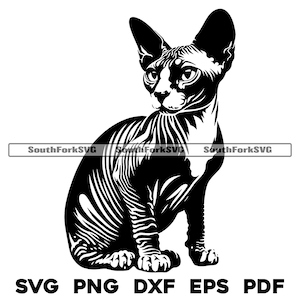 Modèle de chat sphynx nu 1 | svg png dxf pdf eps | Conception graphique vectorielle découpe impression teinture sous-gravure laser fichiers numériques utilisation commerciale