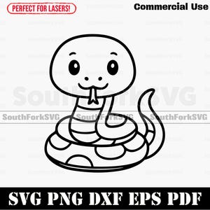 May include: A black and white cartoon snake illustration. The snake has a round head, large eyes, and a forked tongue. The image includes the text "Commercial Use" and "SVG PNG DXF EPS PDF".