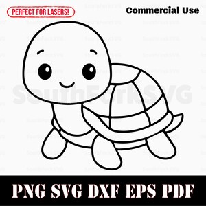 Könnte beinhalten: Schwarz-weiße Cartoon-Schildkröten-Illustration mit einem lächelnden Gesicht. Das Bild enthält den Text "Perfect for Lasers!" und "Commercial Use". Unter der Schildkröte steht der Text "PNG SVG DXF EPS PDF".