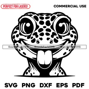 May include: Black and white illustration of a cartoon gecko with big eyes and a wide smile. The gecko is sticking out its tongue.