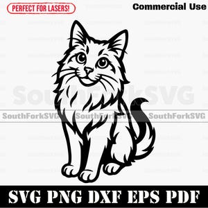 Könnte beinhalten: Schwarz-weiße Illustration einer Katze mit flauschigem Fell im Sitzen. Der Text oben lautet "PERFECT FOR LASERS!" und "Commercial Use." Der Text unten lautet "SVG PNG DXF EPS PDF."