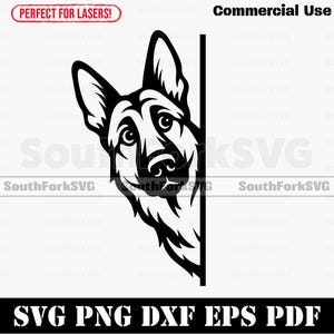 Puede incluir: Gráfico en blanco y negro de un perro pastor alemán asomándose por una esquina. El texto incluye "Commercial Use" y "SVG PNG DXF EPS PDF". Adecuado para corte por láser.