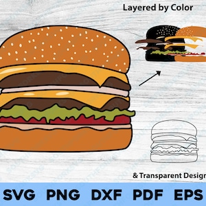 チーズバーガー svg png dxf pdf eps レイヤード カラーカットファイル クリップ アート ベクター グラフィック | ドライブスルー ダイナー ファーストフード デート かわいいバーガー アイコン