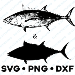 May include: A black and white illustration of a tuna fish. The top image shows a detailed drawing of the fish, while the bottom image is a silhouette of the fish. The text "SVG • PNG • DXF" is below the images.