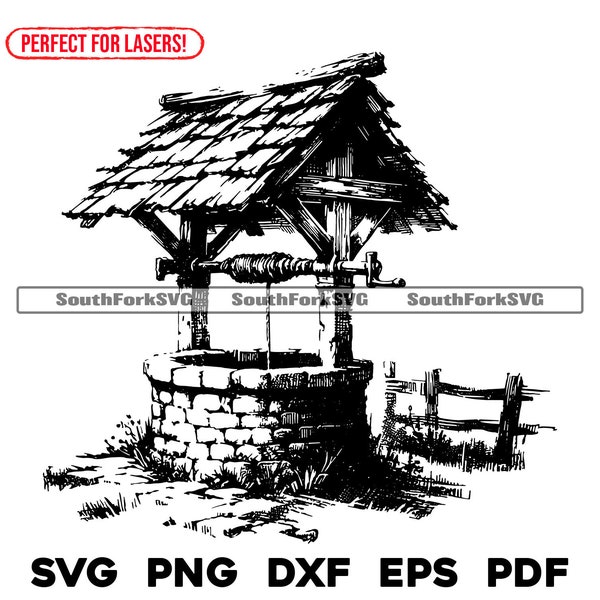 Laser Engrave Files Rustic Wishing Well Scene svg png dxf eps pdf | vector graphic design cut print dye sub cnc digital files commercial use