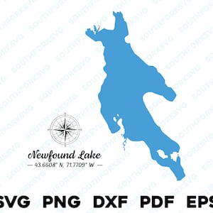 Newfound Lake New Hampshire Mapa Forma Silueta svg png dxf pdf eps vector diseño gráfico corte grabado archivo láser imagen barco lago casa