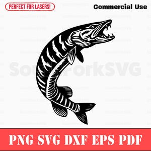 May include: Black and white silhouette of a muskie fish jumping out of the water with its mouth open.