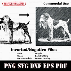 Op de afbeelding: Zwart-witte illustratie van een hond die een eend in zijn bek draagt. De hond staat op een grasveld. De afbeelding is perfect voor lasersnijden en is beschikbaar in de formaten PNG, SVG, DXF, EPS en PDF.