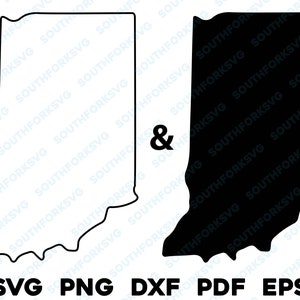 May include: A black and white outline of the state of Indiana. The outline is filled in black on the right side of the image and is empty on the left side of the image. The text "SVG PNG DXF PDF EPS" is at the bottom of the image.