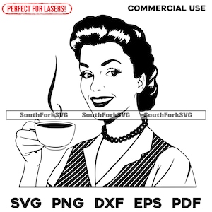 Retro Style Coffee Girl svg png dxf eps pdf Corte Impressão Gravação a Laser CNC Substituição de Tintura Vinil | Download Instantâneo Uso Comercial