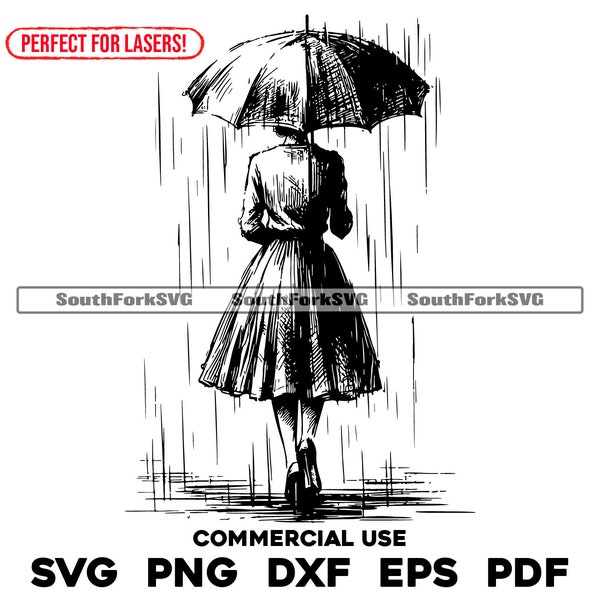 Laser Engrave File Woman in the Rain Umbrella Scene svg png dxf eps pdf | vector graphic design cut print dye sub cnc digital commercial use