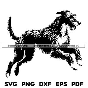 Könnte beinhalten: Schwarz-weiße Silhouette eines laufenden Irish Wolfhound. Der Hund ist in der Luft, die Beine sind ausgestreckt und der Schwanz wedelt.