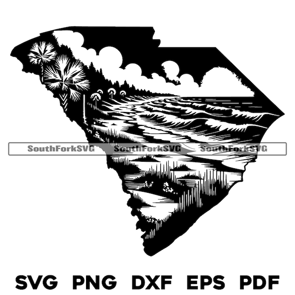 South Carolina State Outline with Landscape Design | svg png dxf eps pdf | vector graphic cut file laser clip art | download commercial use