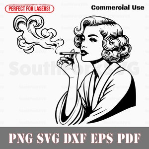 Retro Mädchen Rauchen Gelenk svg png dxf eps pdf-Dateien | Cut Print Laser Gravur CNC Dye Sub Vinyl | Sofort Download Kommerzielle Nutzung