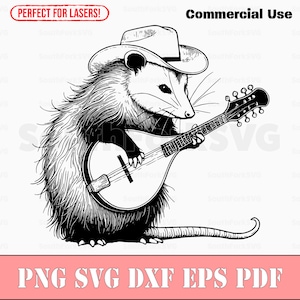 Opossum jouant de la mandoline svg png dxf eps pdf | Fichiers d'impression découpés au laser, image vectorielle clipart | Téléchargement instantané, utilisation commerciale