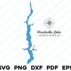 Brookville Lake Indiana Mapa Forma Silueta svg png dxf pdf eps vector diseño gráfico corte grabado archivo láser imagen barco lago casa