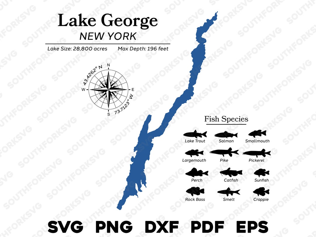 Lake George New York Map Data, Fish Species | Laser Ready CNC Print Dye ...