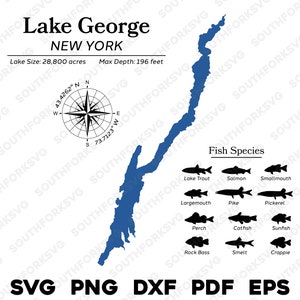 Lake George New York Kartendaten, Fischarten | Laserfertiger CNC-Druck Dye Sub | svg png dxf eps pdf | Sofort Download Kommerzielle Nutzung
