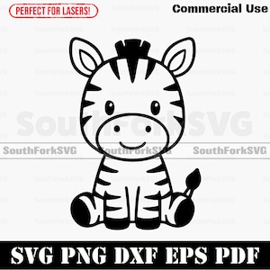 May include: A black and white cartoon zebra illustration. The zebra is sitting with its legs crossed and has black stripes. The image includes the text "SVG PNG DXF EPS PDF" and "Commercial Use". The text "Perfect for Lasers!" is also included.