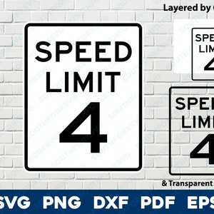Snelheidslimiet 4 teken logo symbool svg png dxf eps pdf gelaagd op kleur gesneden bestand silhouet weg straat rijden auto vectorafbeelding verjaardag