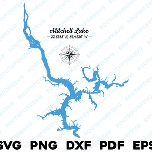 Mitchell Lake Alabama kaart vorm silhouet svg png dxf pdf eps vector grafisch ontwerp gesneden gravure laserbestand afbeelding boot meerhuis