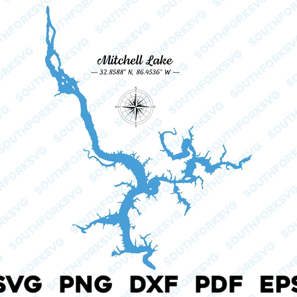 Mitchell Lake Alabama Map Shape Silhouette svg png dxf pdf eps vector graphic design cut engraving laser file image  boat lake  house