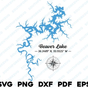 Beaver Lake Arkansas Mappa Forma Silhouette SVG PNG DXF disegno grafico vettoriale taglio incisione laser file immagine barca casa sul lago