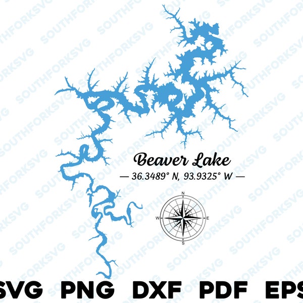 Beaver Lake Arkansas Map Shape Silhouette SVG PNG DXF vector graphic design cut engraving laser file image  boat lake  house