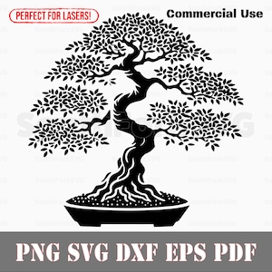May include: Black and white silhouette of a bonsai tree with a thick trunk and many branches. The tree is in a black pot with a rounded base.