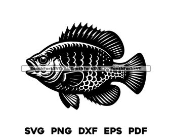 May include: Black and white silhouette of a fish with fins and scales. The fish is facing left and has a large eye.