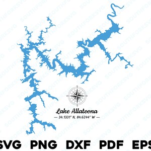 Lago Allatoona Georgia Mapa Forma Silueta svg png dxf pdf eps vector diseño gráfico corte grabado archivo láser imagen barco lago casa