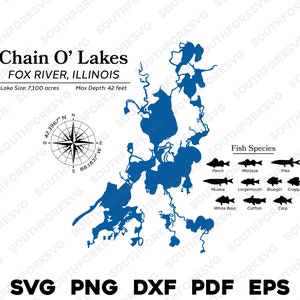 Fox River Chain O Lakes Illinois Mappa Dati Specie di pesci Laser Ready CNC Stampa Dye Sub / svg png dxf eps pdf / Download immediato Uso commerciale