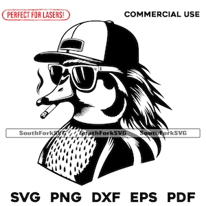 May include: A monochrome graphic of a duck in a baseball cap and sunglasses, smoking a cigarette. The image includes the text "PERFECT FOR LASERS!" and "COMMERCIAL USE". Below the duck are the file types: SVG PNG DXF EPS PDF.