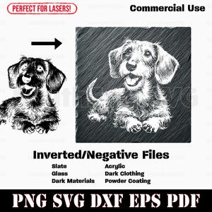 May include: Black and white illustration of a happy dog, with a detailed sketch on a dark background. The image includes the text "Commercial Use" and "Inverted/Negative Files". The file formats are PNG, SVG, DXF, EPS, and PDF.