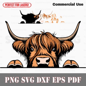 覗くハイランド牛 レイヤード svg png dxf eps pdf 透明ベクターグラフィックデザイン カットプリント ダイサブレーザー彫刻ファイル 商用利用