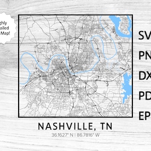 Nashville Tennessee TN Stadt Karte | svg png dxf eps | Vektorgrafik Design Laser geschnitten Cnc Datei Sofortiger digitaler Download