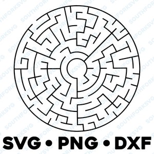 May include: A black and white circular maze with a central circle. The maze has a complex design with many paths and dead ends.  SVG.PNG.DXF