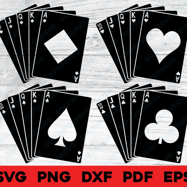 Royal Flush Playing Cards svg png dxf eps pdf Transparent Inverted Cut File Engrave Clip Art Clubs Hearts Diamonds Spades Vector Graphic