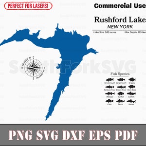 Rushford Lake New York Karte mit Daten, Fischarten | Laserfertiger CNC-Druck Dye Sub | svg png dxf eps pdf | Sofort Download Kommerzielle Nutzung