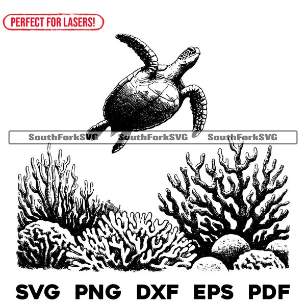 Sea Turtle in Coral Laser File svg png dxf eps pdf | vector graphic design cut print dye sub engrave cnc digital files commercial use