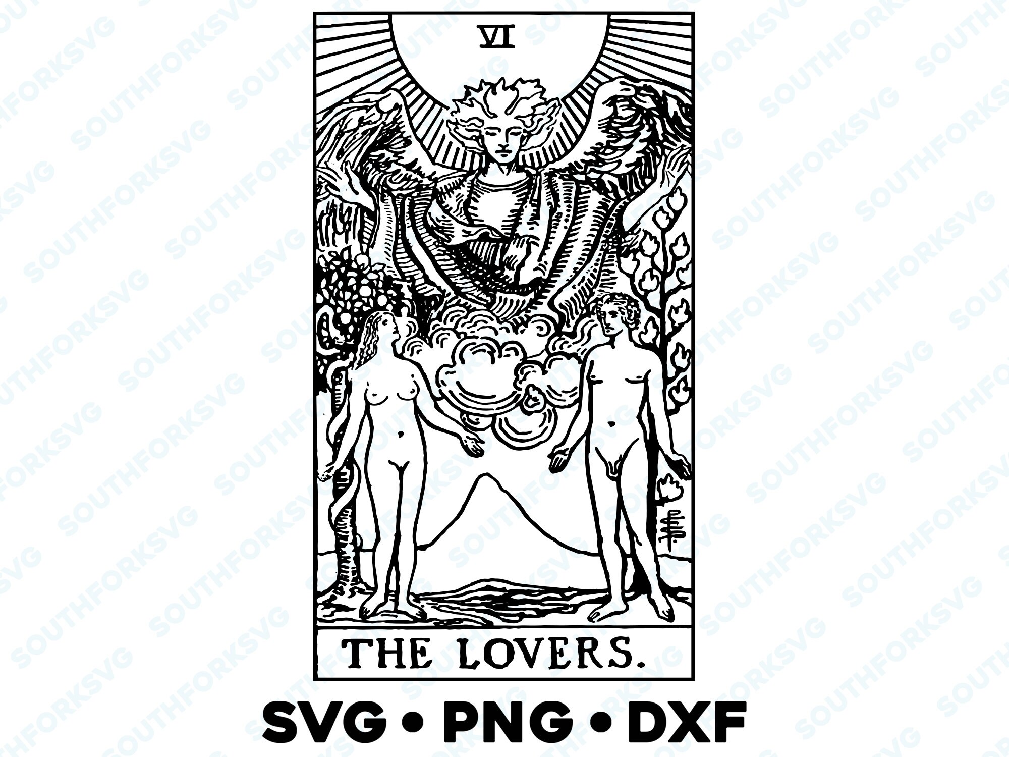 The Lovers Tarot Card Major Arcana Rider Waite Deck SVG PNG DXF Fondo The Lovers Tarot Card Major Arcana Rider Waite Deck SVG PNG DXF Fondo