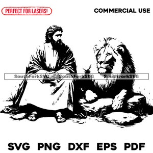 Puede incluir: Ilustración en blanco y negro de un hombre sentado con un león. El hombre lleva una túnica y tiene barba. El león está sentado a su lado y tiene la cabeza girada hacia un lado.