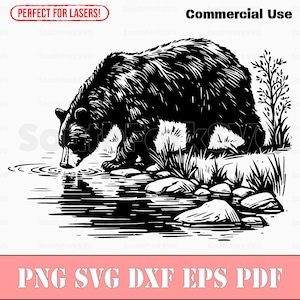Lasergraveren van bestanden Black Bear River Scene svg png dxf eps pdf | vectorafbeelding knippen print dye sub laser cnc-bestanden commercieel gebruik