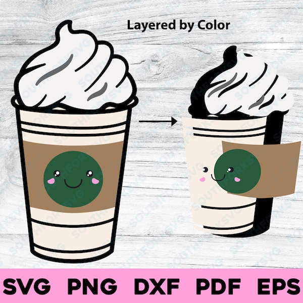 Kawaii Latte Coffee Cup | svg png dxf pdf eps | Layered by Color vector graphic design cut files print dye sub laser engrave digital