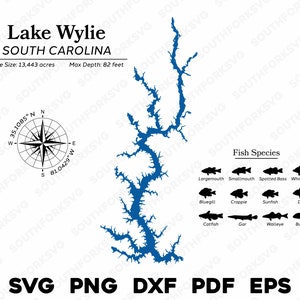 Lake Wylie South Carolina Kartendaten, Fischarten | Laserfertiger CNC-Druck Dye Sub | svg png dxf eps pdf | Sofort Download Kommerzielle Nutzung