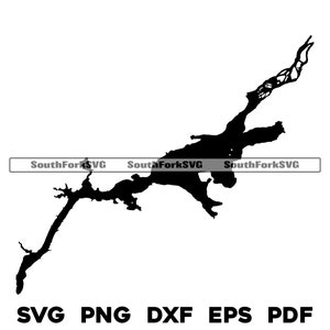 May include: Black and white silhouette of a lake with a winding shoreline.